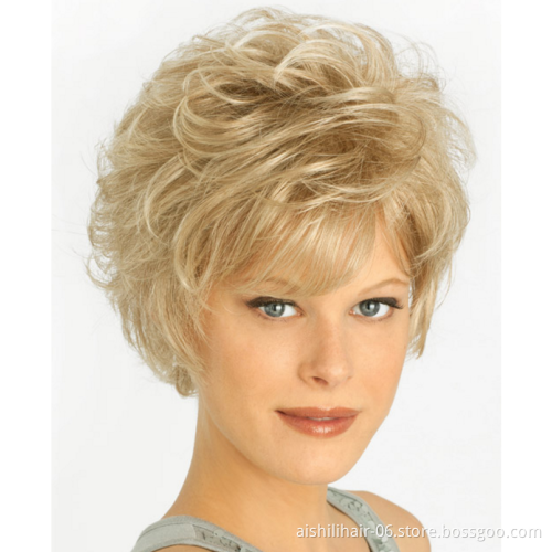 Aishili Top Quality Platinum Blonde Synthetic hair natural curly short Wig for women